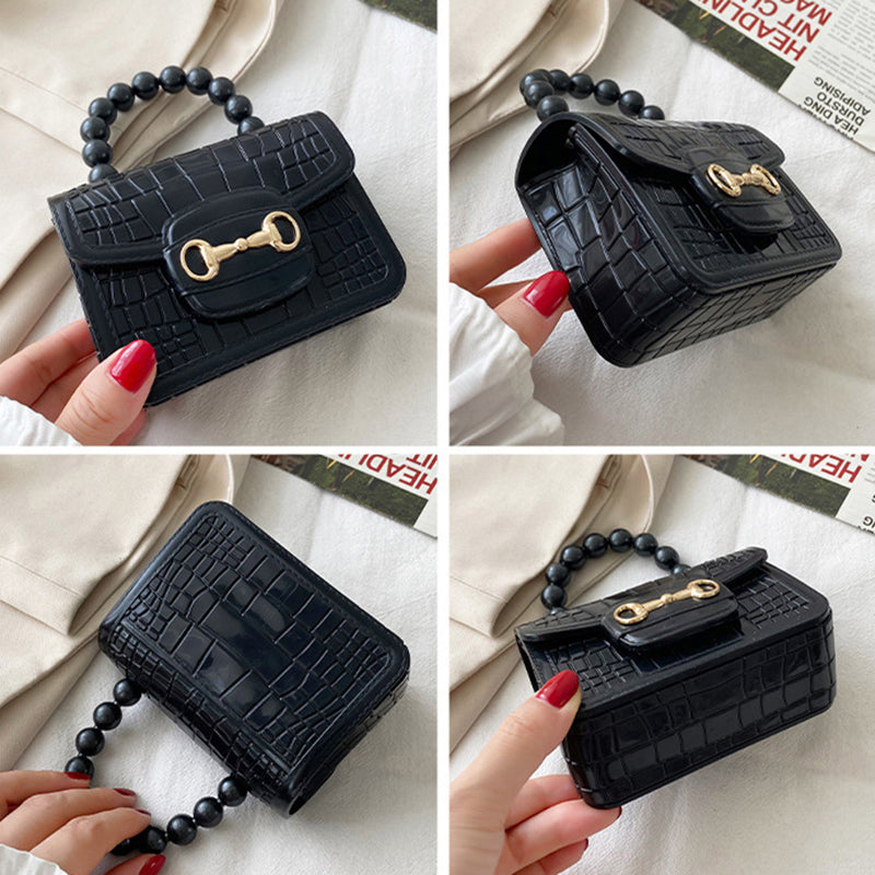 Crocodile Texture Women Girl Handbag PU Leather Makeup Lipstick Small Tote Bag with Beads Tote Handle Crocodile Texture Women Girl Handbag PU Leather Makeup Lipstick Small Tote Bag with Beads Tote Handle